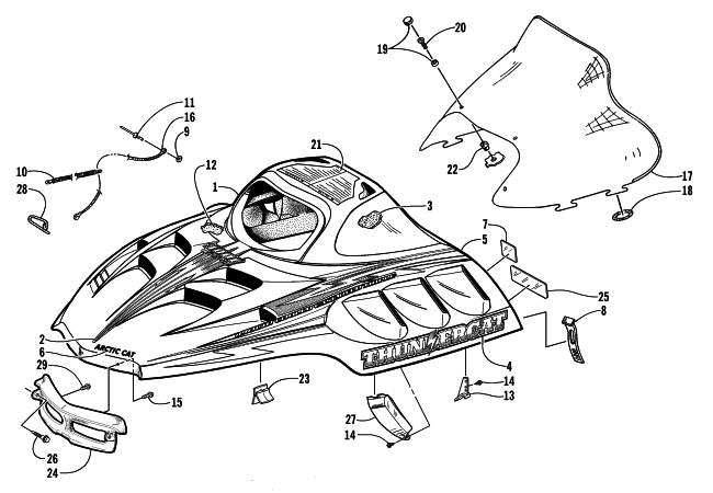 Parts Diagram for Arctic Cat 1999 THUNDERCAT MC SNOWMOBILE HOOD AND WINDSHIELD ASSEMBLY