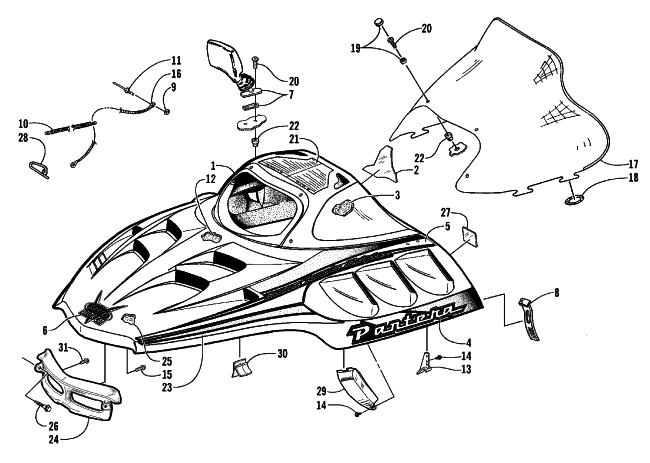 Parts Diagram for Arctic Cat 1999 PANTERA 800 SNOWMOBILE HOOD AND WINDSHIELD ASSEMBLY