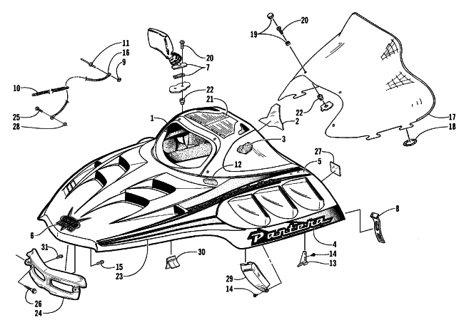 Parts Diagram for Arctic Cat 1999 PANTERA 580 EFI SNOWMOBILE HOOD AND WINDSHIELD ASSEMBLY