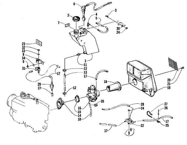 Parts Diagram for Arctic Cat 1999 BEARCAT 340 - 136 IN. SNOWMOBILE OIL TANK, CARBURETOR, FUEL PUMP, AND SILENCER