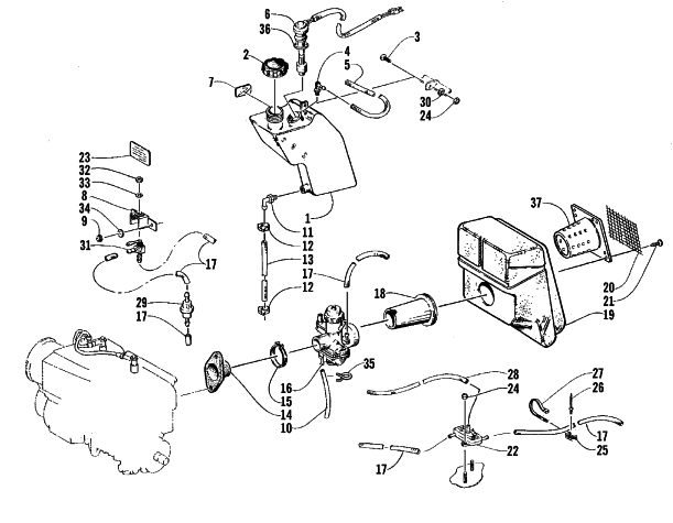 Parts Diagram for Arctic Cat 1999 BEARCAT 440 I - 136 IN. SNOWMOBILE OIL TANK, CARBURETOR, FUEL PUMP, AND SILENCER