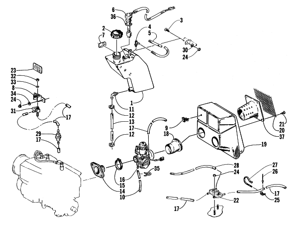 Parts Diagram for Arctic Cat 2000 BEARCAT 440 II SNOWMOBILE OIL TANK, CARBURETOR, FUEL PUMP, AND SILENCER