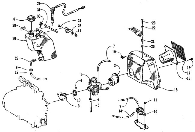 Parts Diagram for Arctic Cat 1999 BEARCAT WT SNOWMOBILE CARBURETOR, FUEL PUMP, OIL TANK, AND AIR SILENCER