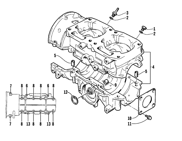 Parts Diagram for Arctic Cat 1999 BEARCAT WT SNOWMOBILE CRANKCASE ASSEMBLY