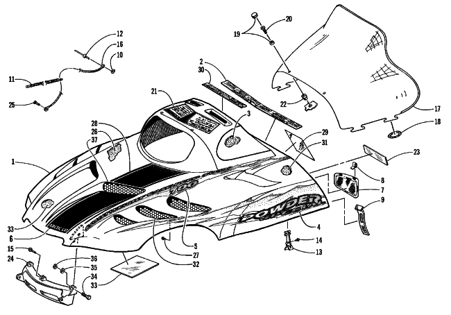 Parts Diagram for Arctic Cat 1999 POWDER SPECIAL 700 SNOWMOBILE HOOD AND WINDSHIELD ASSEMBLY