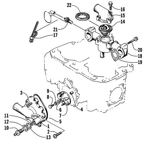 Parts Diagram for Arctic Cat 1999 ZR 700 SNOWMOBILE WATER PUMP AND THERMOSTAT