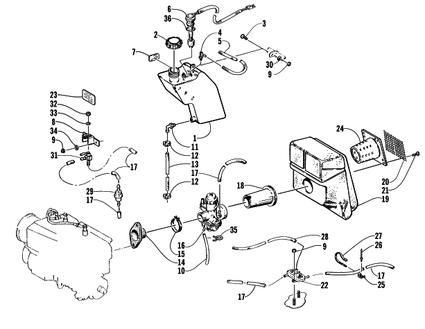 Parts Diagram for Arctic Cat 2000 BEARCAT 440 I SNOWMOBILE OIL TANK, CARBURETOR, FUEL PUMP, AND SILENCER