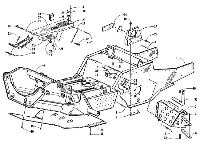 Parts Diagram for Arctic Cat 2000 BEARCAT 440 II SNOWMOBILE FRONT FRAME, FOOTREST, AND GUARD ASSEMBLIES
