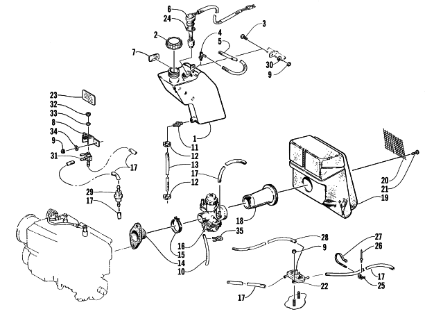 Parts Diagram for Arctic Cat 2000 BEARCAT 340 SNOWMOBILE OIL TANK, CARBURETOR, FUEL PUMP, AND SILENCER