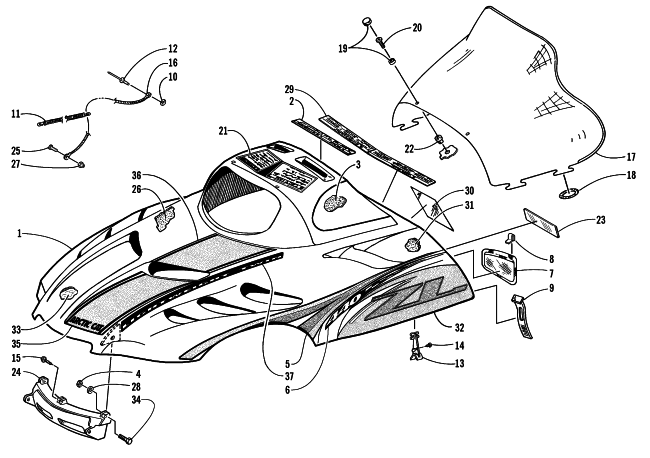 Parts Diagram for Arctic Cat 2000 ZL 440 SNOWMOBILE HOOD AND WINDSHIELD ASSEMBLY