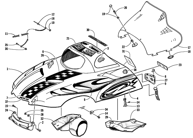 Parts Diagram for Arctic Cat 2000 Z 370 SNOWMOBILE HOOD AND WINDSHIELD ASSEMBLY