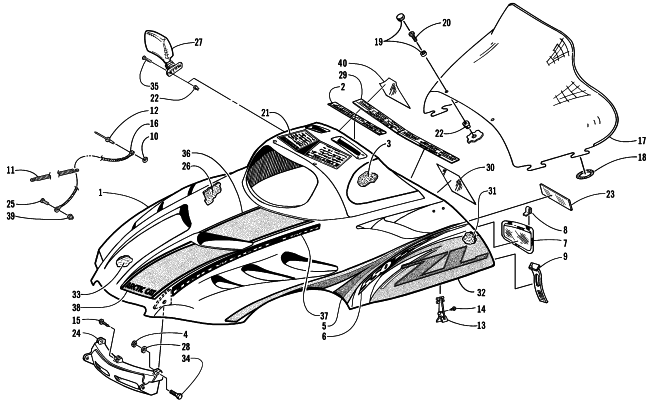 Parts Diagram for Arctic Cat 2000 ZL 550 ESR SNOWMOBILE HOOD AND WINDSHIELD ASSEMBLY