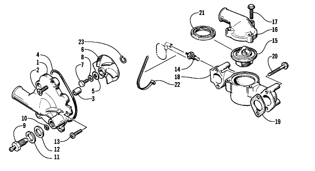 Parts Diagram for Arctic Cat 2000 PANTHER 550 SNOWMOBILE WATER PUMP AND THERMOSTAT