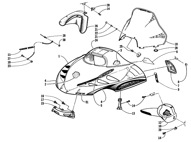 Parts Diagram for Arctic Cat 2000 PANTHER 340 SNOWMOBILE HOOD AND WINDSHIELD ASSEMBLY