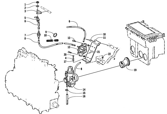 Parts Diagram for Arctic Cat 2000 TRIPLE TOURING 600 () SNOWMOBILE CARBURETOR AND FUEL PUMP ASSEMBLY