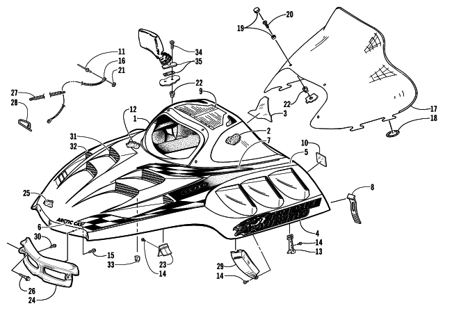 Parts Diagram for Arctic Cat 2000 TRIPLE TOURING 600 () SNOWMOBILE HOOD AND WINDSHIELD ASSEMBLY