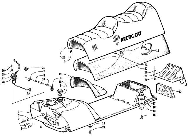 Parts Diagram for Arctic Cat 2000 TRIPLE TOURING 600 SNOWMOBILE GAS TANK, SEAT, AND FUEL SENSOR ASSEMBLY