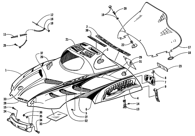 Parts Diagram for Arctic Cat 2000 POWDER SPECIAL 500 EFI SNOWMOBILE HOOD AND WINDSHIELD ASSEMBLY