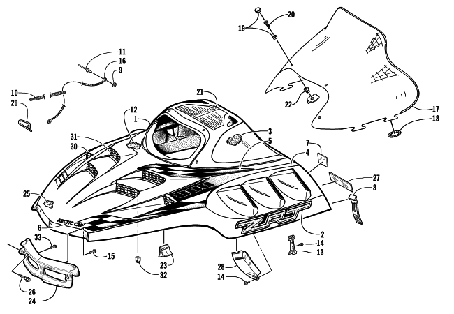 Parts Diagram for Arctic Cat 2000 ZRT 800 () SNOWMOBILE HOOD AND WINDSHIELD ASSEMBLY