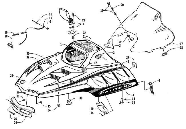 Parts Diagram for Arctic Cat 2000 PANTERA 1000 SNOWMOBILE HOOD AND WINDSHIELD ASSEMBLY