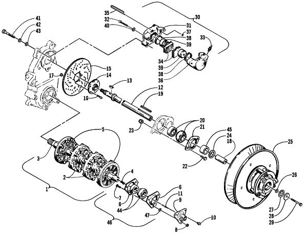 Parts Diagram for Arctic Cat 2000 THUNDERCAT THC SNOWMOBILE DRIVE TRAIN SHAFTS AND BRAKE ASSEMBLIES
