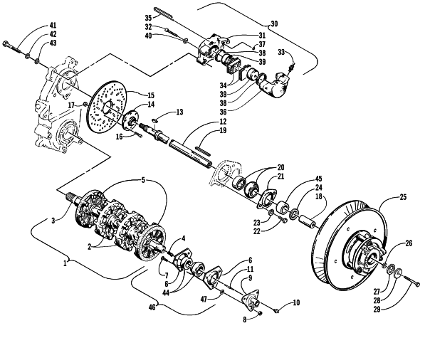 Parts Diagram for Arctic Cat 2000 PANTERA 1000 SNOWMOBILE DRIVE TRAIN SHAFTS AND BRAKE ASSEMBLIES