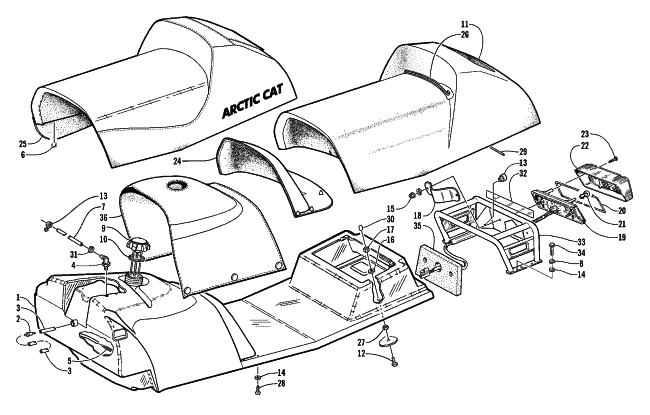 Parts Diagram for Arctic Cat 2001 MOUNTAIN CAT 600 VEV SNOWMOBILE GAS TANK, RACK, SEAT, AND TAILLIGHT ASSEMBLY