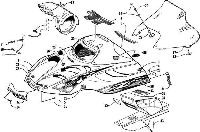Parts Diagram for Arctic Cat 2001 Z 440 (ES) SNOWMOBILE HOOD AND WINDSHIELD ASSEMBLY