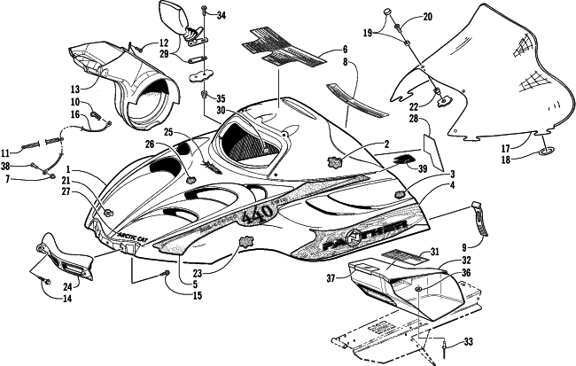 Parts Diagram for Arctic Cat 2001 PANTHER 440 (ESR) SNOWMOBILE HOOD AND WINDSHIELD ASSEMBLY