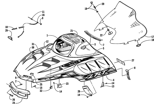 Parts Diagram for Arctic Cat 2001 ZRT 800 SNOWMOBILE HOOD AND WINDSHIELD ASSEMBLY