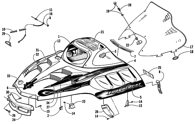 Parts Diagram for Arctic Cat 2001 THUNDERCAT SNOWMOBILE HOOD AND WINDSHIELD ASSEMBLY