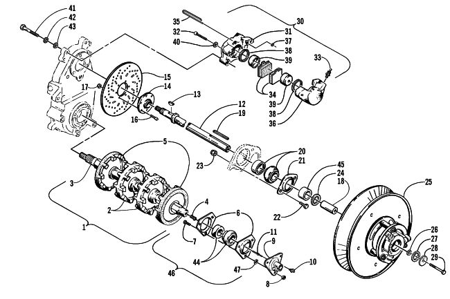 Parts Diagram for Arctic Cat 2001 PANTERA 1000 SNOWMOBILE DRIVE TRAIN SHAFTS AND BRAKE ASSEMBLIES
