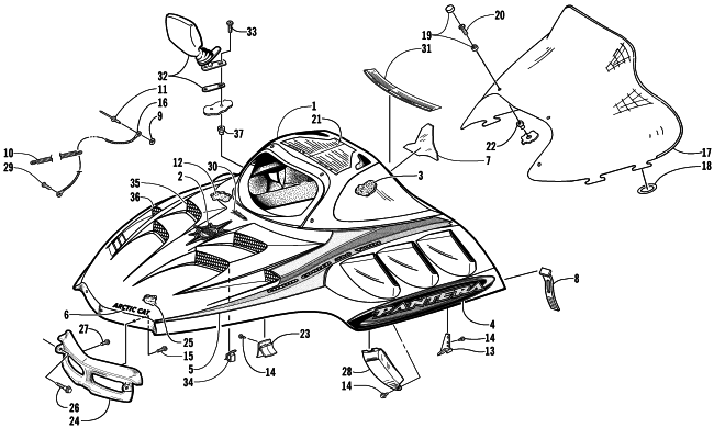 Parts Diagram for Arctic Cat 2001 PANTERA 580 EFI SNOWMOBILE HOOD AND WINDSHIELD ASSEMBLY