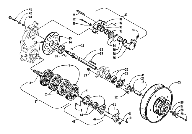 Parts Diagram for Arctic Cat 2001 THUNDERCAT SNOWMOBILE DRIVE TRAIN SHAFTS AND BRAKE ASSEMBLIES