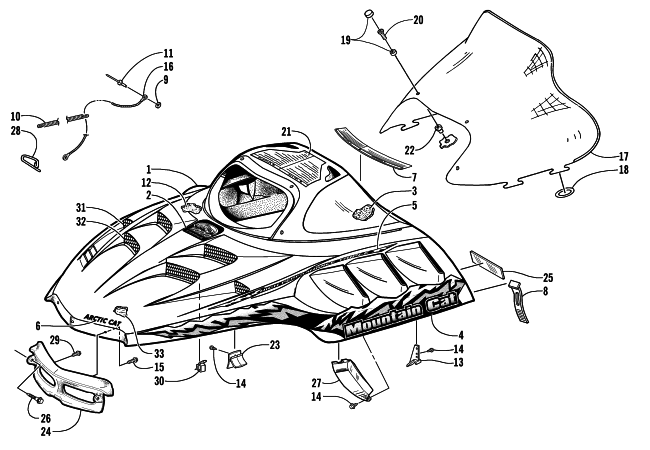 Parts Diagram for Arctic Cat 2001 MOUNTAIN CAT 1000 SNOWMOBILE HOOD AND WINDSHIELD ASSEMBLY