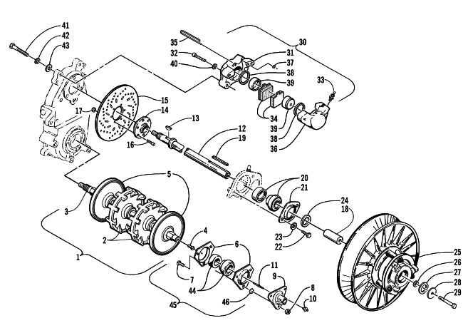 Parts Diagram for Arctic Cat 2001 MOUNTAIN CAT 600 EFI SNOWMOBILE DRIVE TRAIN SHAFTS AND BRAKE ASSEMBLIES