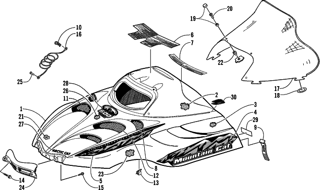 Parts Diagram for Arctic Cat 2001 MOUNTAIN CAT 600 EFI LE () SNOWMOBILE HOOD AND WINDSHIELD ASSEMBLY