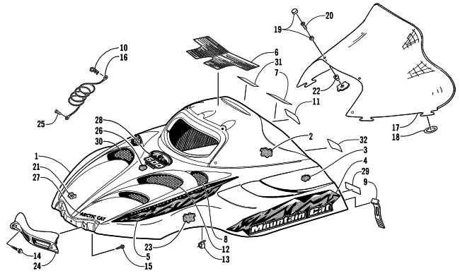 Parts Diagram for Arctic Cat 2001 MOUNTAIN CAT 600 EFI LE () SNOWMOBILE HOOD AND WINDSHIELD ASSEMBLY (LE)