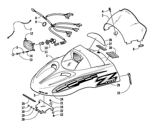 Parts Diagram for Arctic Cat 2001 Z 120 SNOWMOBILE HOOD, HEADLIGHT, AND WINDSHIELD ASSEMBLY