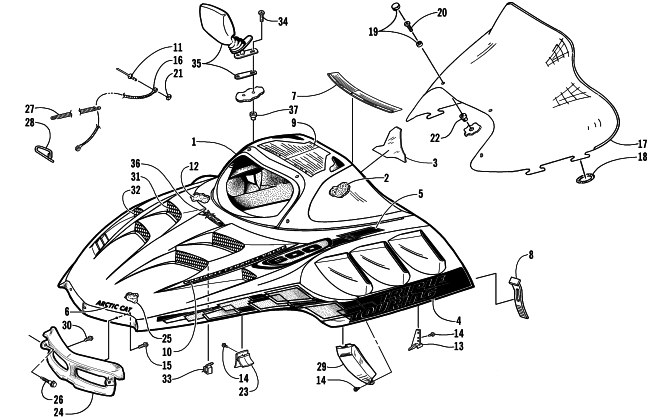 Parts Diagram for Arctic Cat 2001 TRIPLE TOURING 600 () SNOWMOBILE HOOD AND WINDSHIELD ASSEMBLY