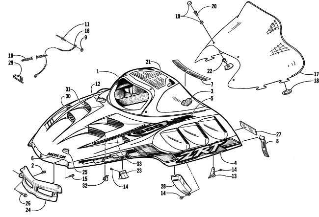 Parts Diagram for Arctic Cat 2001 ZRT 600 SNOWMOBILE HOOD AND WINDSHIELD ASSEMBLY