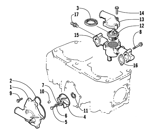 Parts Diagram for Arctic Cat 2001 MOUNTAIN CAT 800 () SNOWMOBILE WATER PUMP AND THERMOSTAT