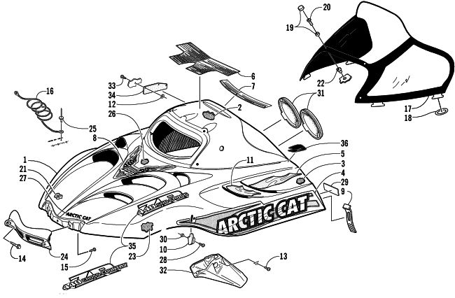 Parts Diagram for Arctic Cat 2001 ZR 440 SNO PRO (CROSS COUNTRY) SNOWMOBILE HOOD AND WINDSHIELD ASSEMBLY