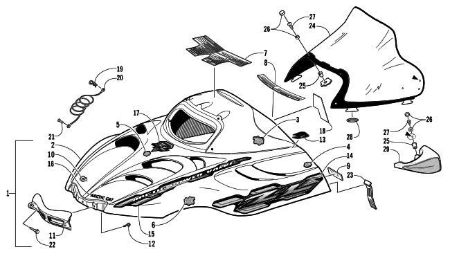 Parts Diagram for Arctic Cat 2002 ZL 600 EFI SNOWMOBILE HOOD AND WINDSHIELD ASSEMBLY