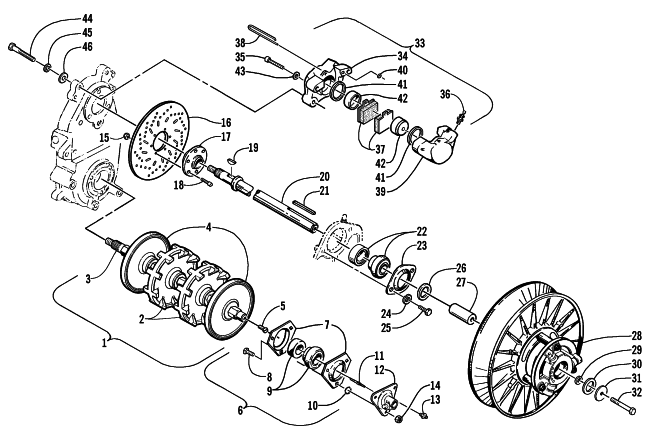 Parts Diagram for Arctic Cat 2002 MOUNTAIN CAT 600 EFI SNOWMOBILE DRIVE TRAIN SHAFTS AND BRAKE ASSEMBLIES