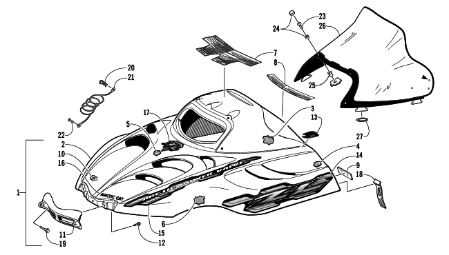 Parts Diagram for Arctic Cat 2002 ZL 500 SNOWMOBILE HOOD AND WINDSHIELD ASSEMBLY