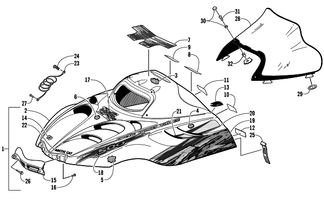 Parts Diagram for Arctic Cat 2002 ZR 500 SNOWMOBILE HOOD AND WINDSHIELD ASSEMBLY