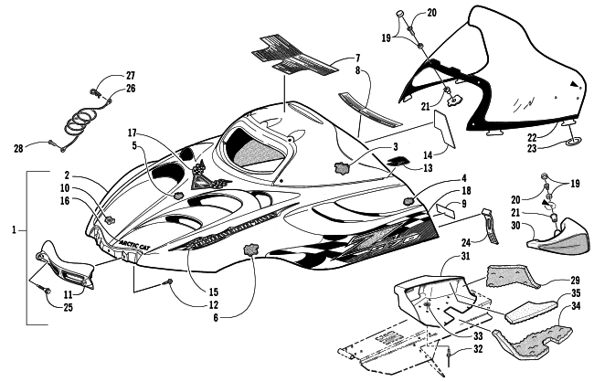 Parts Diagram for Arctic Cat 2002 Z 570 () SNOWMOBILE HOOD AND WINDSHIELD ASSEMBLY