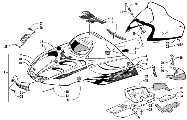 Parts Diagram for Arctic Cat 2002 Z 570 (ESR) SNOWMOBILE HOOD AND WINDSHIELD ASSEMBLY