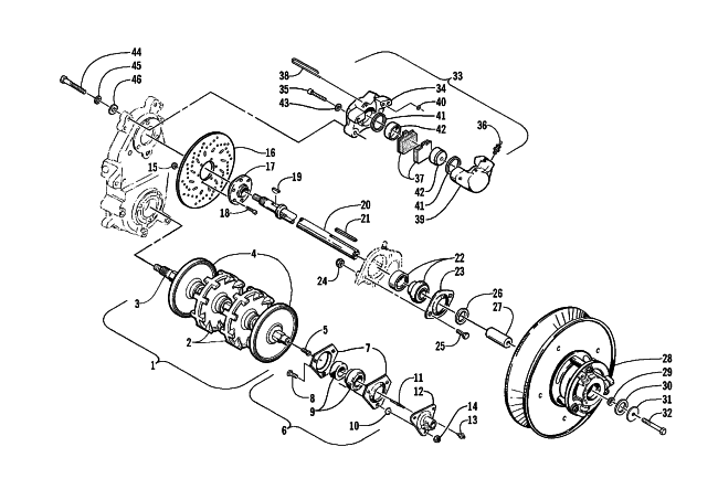 Parts Diagram for Arctic Cat 2002 MOUNTAIN CAT 570 SNOWMOBILE DRIVE TRAIN SHAFTS AND BRAKE ASSEMBLIES